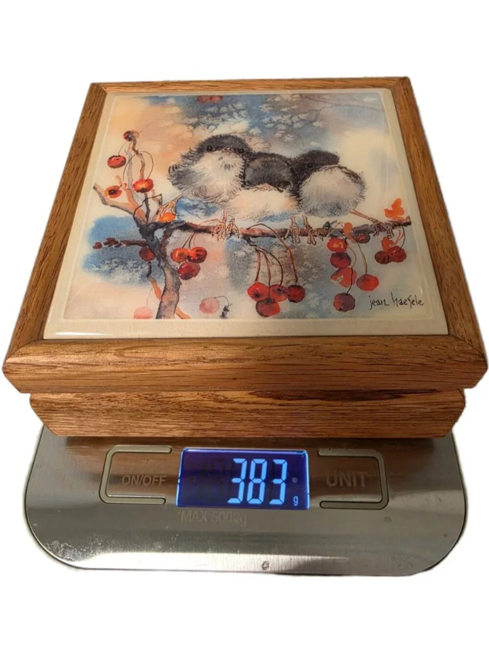 VTG Jean Haefele Signed Ceramic Art Tile Oak Trinket Box Chickadee Birds